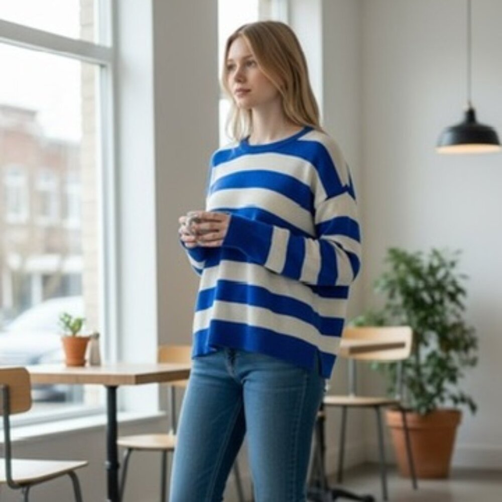 FC Equipment Femme Sweater Blue and Cream Striped Crewneck 100% Cashmere Large